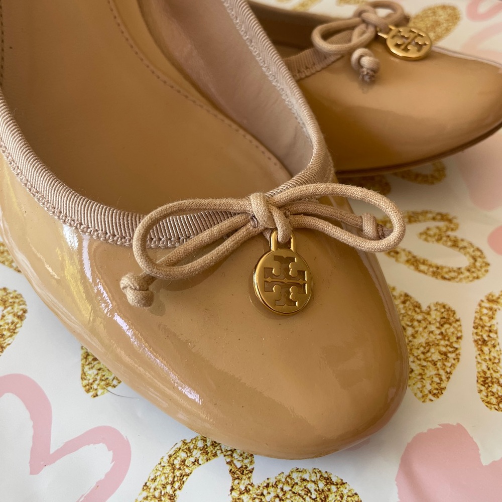 Tory Burch Nude Patent Reva Ballet Flats with Gold Logo